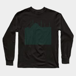 Teal Blue Mosque Silhouette with Islamic Pattern Long Sleeve T-Shirt